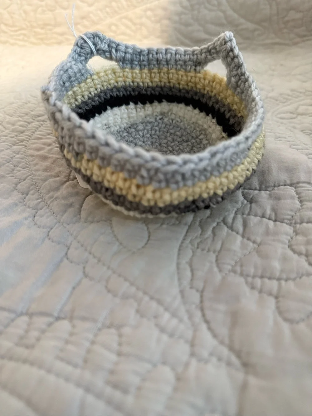 Handmade Crochet Catchall Bowl in Gray and Cream - Small Home Organizer